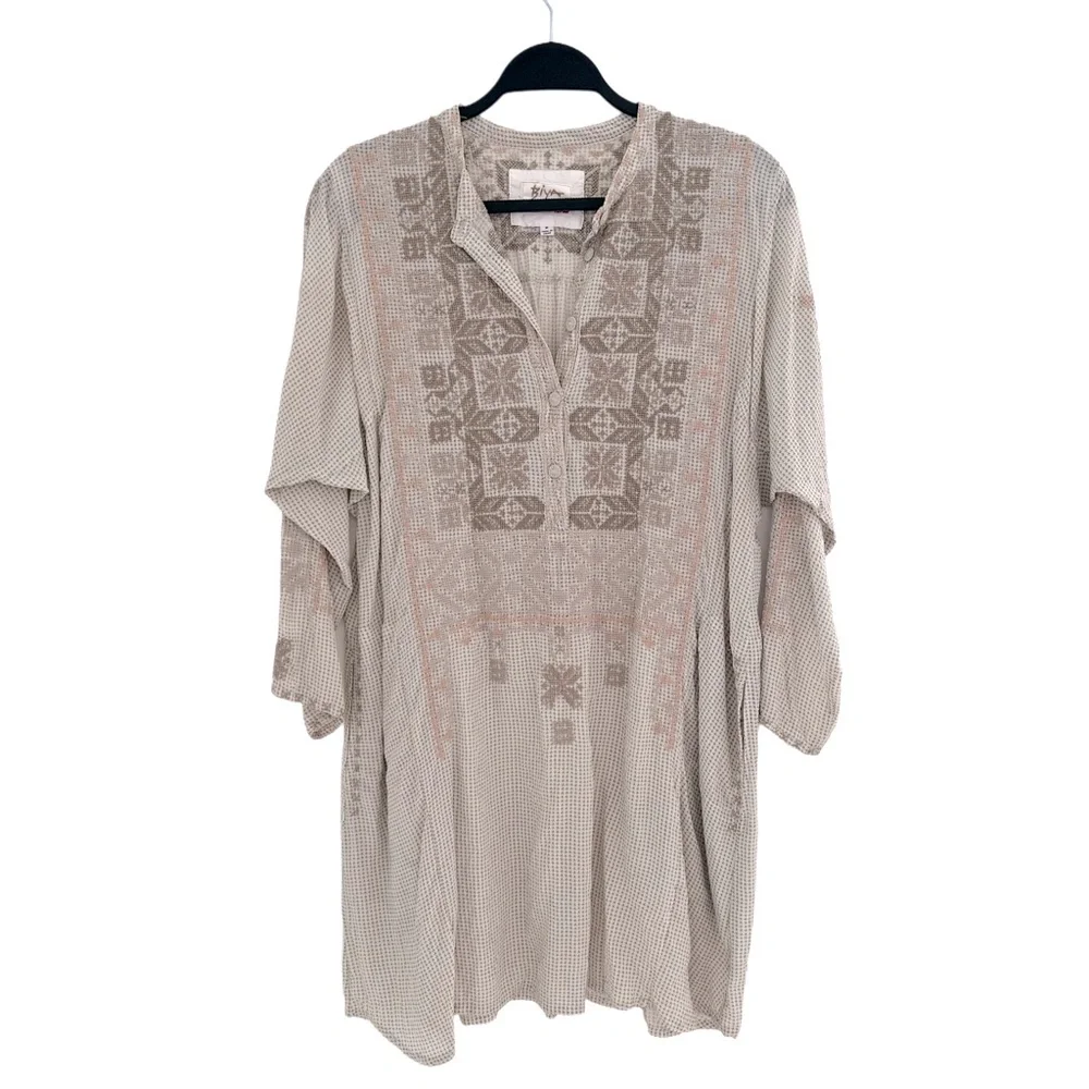 Johnny Was Biya 100% Silk Beige Embroidered Tunic Shirt Dress Boho Cottagecore M - Picture 3 of 11